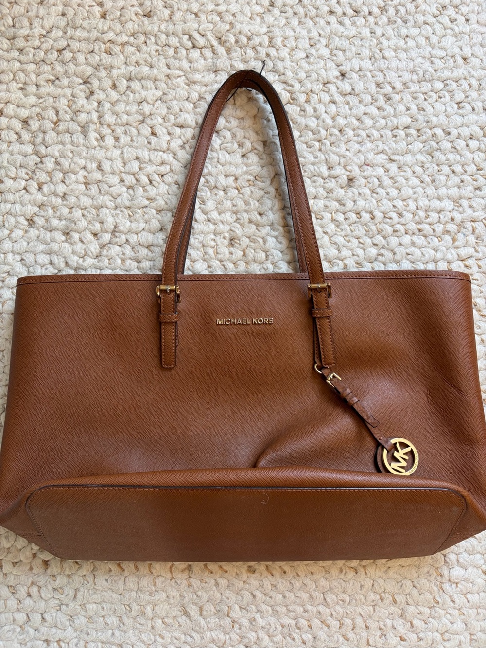 Michael Kors Cognac Saffiano Leather Tote with Gold Logo Charm